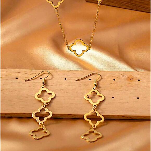 Gold Four Leaf Clover Necklace Earrings Set Luxury Dangle Two Piece Set - Picture 4 of 6